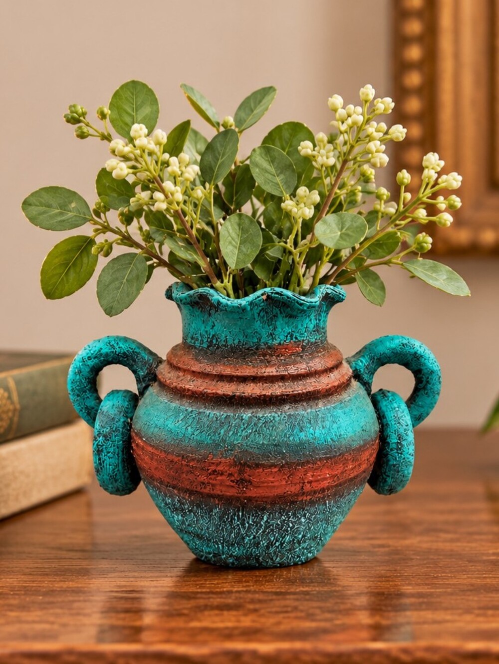Vintage Turquoise & Rust Double Handle Pottery Vase Urn, Boho Southwestern - Picture 1 of 6